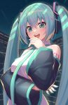  1girl :d aqua_eyes aqua_hair aqua_nails aqua_necktie arm_under_breasts bare_shoulders black_sleeves bokuboyarts breasts detached_sleeves elbow_rest from_below hair_between_eyes hand_to_own_mouth hand_up hatsune_miku headphones highres light_blush long_hair long_sleeves looking_at_viewer looking_down medium_breasts nail_polish necktie night number_tattoo open_mouth shirt sleeveless sleeveless_shirt smile solo tattoo teeth tongue twintails upper_body upper_teeth_only v-shaped_eyebrows vocaloid white_shirt wide_sleeves 