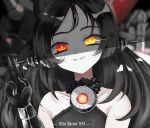  1girl arbiter_the_devil_xv_(azur_lane) azur_lane bare_shoulders black_dress black_gloves black_hair character_name dress evil_smile gloves heterochromia highres long_hair looking_at_viewer parted_lips red_eyes rosen_madchen salute shaded_face siren_(azur_lane) sleeveless sleeveless_dress smile solo two-finger_salute upper_body yellow_eyes 