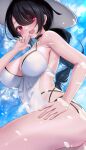  1girl :d black_hair blue_archive blue_sky braid braided_ponytail breasts cleavage cloud commentary_request day eyes_visible_through_hair hair_over_one_eye hand_on_own_hip hat highres hinata_(blue_archive) hinata_(swimsuit)_(blue_archive) large_breasts long_hair looking_at_viewer official_alternate_costume one-piece_swimsuit open_mouth outdoors ratsuku_kinoko red_eyes sky smile solo swimsuit white_headwear white_one-piece_swimsuit 