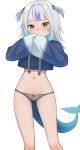  1girl adapted_costume blue_eyes blue_hair blue_hoodie blunt_bangs blush contrapposto crop_top fins fish_tail gawr_gura grey_panties hair_ornament highres hololive hololive_english hood hoodie long_hair long_sleeves looking_at_viewer lowleg lowleg_panties multicolored_hair navel no_pants nzmtarou panties shark_girl shark_hair_ornament shark_tail simple_background sleeves_past_wrists solo stomach streaked_hair tail two_side_up underwear virtual_youtuber white_background white_hair 