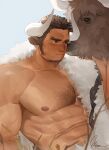  1boy abs animal animal_ears bara chest_hair closed_mouth cow cow_boy cow_ears cow_horns facial_hair goo_(koushishikou11) highres horns large_pectorals male_focus muscular muscular_male nipples original pectorals scar scar_on_face scar_on_nose sideburns upper_body 