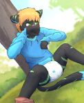  anthro black_body black_fur bottomwear bottomwear_down bullying clothed clothing diaper fur green_eyes green_markings hi_res hoodie koneko_binx_shadowpaw luce_bontemps male markings outside pants pants_down partially_clothed solo topwear wearing_diaper 