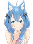  1girl ahoge animal_ear_fluff animal_ear_piercing animal_ears bell black_bow black_choker blue_bow blue_bowtie blue_eyes blue_hair blue_sailor_collar blush bow bowtie choker closed_mouth commentary_request dog_ears dog_girl earrings hair_bow highres jewelry jingle_bell leaning_forward looking_at_viewer lovermoonlight medium_bangs nanashi_inc. neck_bell official_alternate_costume ring sailor_collar sailor_shirt shirt simple_background single_earring sleeveless sleeveless_shirt smile solo souya_ichika souya_ichika_(2nd_costume) two_side_up upper_body v_over_mouth virtual_youtuber white_background white_shirt 