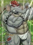  1boy :d ^_^ abs armlet ass bara bowser bracelet bulge closed_eyes elephant_boy elephant_ears elephant_tail feet_out_of_frame flexing forked_eyebrows furrification furry furry_male goatee_stubble highres horns huge_eyebrows jewelry lake large_pectorals loincloth male_focus mario_(series) miazuma_shouki muscular muscular_male mustache_stubble navel_hair no_nipples parody pectorals short_hair smile solo spiked_armlet spiked_bracelet spiked_shell spikes standing stomach tail tail_ornament tail_ring thick_thighs thighs topless_male tusks wet 