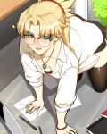  1girl absurdres all_fours black_skirt blonde_hair braid breasts cleavage collarbone collared_shirt dress_shirt fate/apocrypha fate_(series) french_braid glasses green_eyes highres hyperbudd jewelry long_hair long_sleeves looking_at_viewer mordred_(fate) mordred_(fate/apocrypha) necklace office_lady open_mouth parted_bangs pencil_skirt ponytail shirt sidelocks skirt small_breasts solo white_shirt 