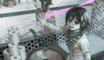  1boy :d absurdres blood broken_mirror checkered_clothes checkered_scarf danganronpa_(series) danganronpa_v3:_killing_harmony grey_jacket highres jacket kudo_(kddrv3) long_sleeves male_focus mirror oma_kokichi pink_blood purple_eyes scarf sink smile solo tile_floor tiles toilet_paper upper_body 