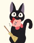  animal_focus black_cat blush_stickers bow broom cat highres jiji_(majo_no_takkyuubin) kirby kirby_(series) looking_at_viewer majo_no_takkyuubin miclot mouth_hold no_humans pink_footwear red_bow shoes simple_background translated white_background 