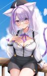  1girl :o ahoge animal_ear_fluff animal_ears beret black_headwear blue_sky blush breasts cat_ears cat_girl cat_tail cleavage cleavage_cutout clothing_cutout cloud collared_shirt commentary day frilled_sleeves frills glasses hand_on_own_chest hat heart_on_chest highres hololive large_breasts long_sleeves looking_at_viewer medium_hair nekomata_okayu nekomata_okayu_(6th_costume) official_alternate_costume on_railing outdoors purple_eyes purple_hair purple_ribbon railing ribbon round_eyewear shinonome_shino_(artist) shirt shirt_tucked_in shorts sky solo suspender_shorts suspenders tail virtual_youtuber 