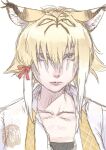  1girl animal_ear_fluff animal_ears artist_logo black_hair blonde_hair blue_eyes closed_mouth collarbone expressionless eyebrows_hidden_by_hair kemono_friends kishida_shiki lips long_bangs looking_at_viewer multicolored_hair necktie open_clothes open_shirt shirt short_hair_with_long_locks simple_background smilodon_(kemono_friends) solo staring undone_necktie upper_body white_background white_hair white_shirt 