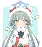  1girl :i =3 blue_archive blush closed_mouth coat green_eyes green_hair halo highres hood hood_up hooded_coat long_hair long_sleeves looking_at_viewer momiji_(blue_archive) pom_pom_(clothes) pout simple_background solo unot_227 upper_body white_coat 