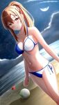  1girl absurdres aoyama_nanami ball beach beachball bikini breasts brown_eyes brown_hair chinese_commentary cleavage cloud commentary_request commission dutch_angle feet_out_of_frame front-tie_bikini_top front-tie_top halterneck highres horizon huanyi_huanhuanzi long_hair medium_breasts night ocean outdoors pixiv_commission ponytail sakura-sou_no_pet_na_kanojo side-tie_bikini_bottom sidelocks sky solo star_(sky) starfish starry_sky string_bikini swimsuit two-tone_bikini 