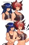  ! !! 2girls absurdres arknights bare_shoulders blue_eyes blue_hair breasts cleavage commentary crop_top distr fiammetta_(arknights) grabbing grabbing_another&#039;s_breast grabbing_from_behind halo highres horns large_breasts long_hair medium_support_(meme) meme midriff mostima_(arknights) multiple_girls multiple_views pointy_hair red_eyes red_hair short_hair simple_background sports_bra white_background 
