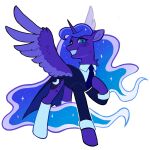  black_tie_(suit) blue_body blue_eyes blue_feathers blue_fur blue_hair blue_tail clothing cutie_mark draw3 equid equine feathered_wings feathers female feral footwear friendship_is_magic fur hair hasbro hi_res horn long_tail mammal my_little_pony necktie princess_luna_(mlp) simple_background smile socks solo spread_wings suit tail uniform white_background winged_unicorn wings 