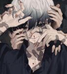  1boy bad_id bad_pixiv_id bandaid bandaid_on_arm bandaid_on_cheek bandaid_on_chest bandaid_on_face bandaid_on_hand bandaid_on_neck black_eyes black_hair black_shirt blood blood_in_hair blood_on_hands closed_mouth collared_shirt colored_tips disembodied_limb fingernails gradient_hair grey_hair hair_between_eyes hand_on_another&#039;s_arm hand_on_another&#039;s_cheek hand_on_another&#039;s_face hand_on_another&#039;s_hand hand_on_another&#039;s_head hand_on_own_cheek hand_on_own_face hands_up highres long_fingernails looking_at_viewer male_focus mizumi_zumi multicolored_hair no_pupils nosebleed original portrait shirt short_hair smile solo_focus 