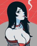  1girl akairiot bare_shoulders black_hair breasts choker cigarette cleavage hair_over_one_eye highres large_breasts long_hair looking_at_viewer original shiny_skin simple_background smoking solo spiked_choker spikes 