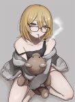  1girl black_tank_top blonde_hair blue_eyes cigarette collarbone glasses grey_background grey_jacket hair_between_eyes highres jacket jacket_partially_removed off_shoulder open_clothes open_jacket original short_hair shorts simple_background sitting smoke smoking solo strap_slip stuffed_animal stuffed_toy tabao tank_top teddy_bear 