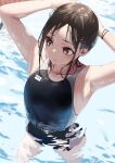  1girl armpits arms_behind_head black_one-piece_swimsuit breasts brown_eyes brown_hair closed_mouth collarbone commentary_request competition_swimsuit jonsun looking_to_the_side medium_breasts one-piece_swimsuit original partially_submerged shiori_(jonsun) short_hair solo swimsuit twitter_username water wet wet_hair 