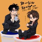  2boys :3 artist_name black_eyes black_footwear black_hair black_jacket black_pants blazer checking_watch chibi chopsticks closed_mouth collared_shirt commentary cup_ramen dated eating full_body holding holding_chopsticks ichijou_seiya jacket kaiji long_hair long_sleeves looking_down male_focus medium_bangs multiple_boys murakami_tamotsu necktie orange_background pants red_shirt shirt short_hair simple_background sitting smile squatting suit symbol-only_commentary translation_request unknown03162 watch white_necktie white_shirt wristwatch 