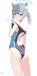  1girl animal_ear_fluff animal_ears ass black_one-piece_swimsuit blue_archive blue_eyes clothes_pull competition_swimsuit covered_navel cross_hair_ornament extra_ears feet_out_of_frame from_behind grey_hair hair_ornament halo highres looking_at_viewer looking_back low_ponytail medium_hair mismatched_pupils multicolored_clothes multicolored_swimsuit official_alternate_costume one-piece_swimsuit one-piece_swimsuit_pull shiroko_(blue_archive) shiroko_(swimsuit)_(blue_archive) simple_background solo soyose standing swimsuit white_background wolf_ears 