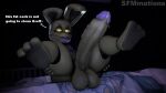  2023 3d_(artwork) animatronic anthro balls bed bed_sheet bedding bedroom bedroom_eyes big_balls big_penis dark digital_media_(artwork) english_text fellatio_request five_nights_at_freddy&#039;s five_nights_at_freddy&#039;s_4 furniture genitals half-closed_eyes hands_on_legs huge_penis inside lagomorph leporid long_ears looking_at_viewer low-angle_view machine male mammal narrowed_eyes on_bed oral_request penis plushtrap_(fnaf) presenting presenting_penis rabbit robot scottgames seductive sfmmations sitting sitting_on_bed solo source_filmmaker teeth text tongue tongue_out vein veiny_penis yellow_body yellow_ears yellow_eyes 