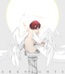  1girl absurdres arknights ass back detached_wings energy_wings exusiai_(arknights) feathered_wings feathers from_behind full_body halo highres khrnnfz looking_at_viewer looking_back nude orange_eyes pillar red_hair short_hair sitting solo white_wings wings 