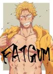  1boy bara bare_pectorals blonde_hair boku_no_hero_academia bruise character_name collarbone fat_gum_(boku_no_hero_academia) grin highres hood hood_down hooded_jacket injury jacket long_sleeves looking_at_viewer male_focus muscular muscular_male no_mask pectorals sanpaku short_hair simple_background smile solo tearing_clothes torn_clothes yamato_(pixiv29997945) yellow_jacket 