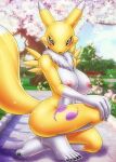  anthro bandai_namco big_breasts blush breasts butt canid canine digimon digimon_(species) feet female fox fur glistening hair hi_res looking_at_viewer mammal nipples renamon simple_background solo tail thick_thighs unknown_artist 