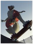  animal_genitalia anthro balls canid canine canis casual_nudity claws domestic_dog floppy_ears fully_sheathed genitals hair hi_res hydie_(nerdy_hydra) low-angle_view male mammal pose shadow sheath skate_park skateboard skateboarding skipsy solo toe_claws white_hair 