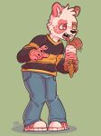  anthro bear bottomwear brown_body brown_fur cheek_tuft claws clothed clothing denim denim_clothing dessert digital_media_(artwork) eye_spots facial_tuft food footwear freckles fully_clothed fur giant_panda heterochromia hi_res holding_food holding_object ice_cream ice_cream_cone jeans licking male mammal multicolored_body multicolored_fur open_mouth pants pidgeon_toed pink_body pink_eyes pink_fur shirt shoes simple_background sneakers solo standing sweater teeth thehiggles tongue tongue_out topwear tuft white_body white_fur worried worried_look yellow_eyes 