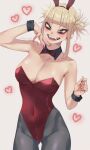  1girl :d animal_ears bags_under_eyes blonde_hair blunt_bangs boku_no_hero_academia bow bowtie breasts chibi_228 cleavage covered_navel detached_collar double_bun fake_animal_ears fangs hair_bun hands_up heart highleg highleg_leotard highres large_breasts leotard nail_polish narrowed_eyes open_mouth pantyhose playboy_bunny rabbit_ears red_leotard red_nails sidelocks smile solo strapless strapless_leotard toga_himiko traditional_bowtie wrist_cuffs yellow_eyes 
