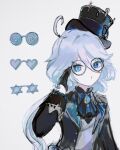  1girl 303owo303 ahoge ascot black_ascot black_gloves blue_eyes coke-bottle_glasses furina_(genshin_impact) genshin_impact glasses gloves hand_up heart heart-shaped_eyewear heterochromia long_hair looking_at_viewer low_twintails open_mouth round_eyewear shirt simple_background solo star-shaped_eyewear twintails very_long_hair vest white_background white_hair white_shirt white_vest 