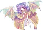  1girl blush collared_dress dragon_girl dragon_wings dress fire_emblem fire_emblem:_the_sacred_stones gold_trim green_wings highres layered_dress light_particles light_smile long_eyelashes looking_at_viewer myrrh_(fire_emblem) pale_skin pata_(teihanpatsu) purple_hair red_eyes shawl twintails white_background wings wrist_cuffs 
