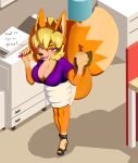  anthro big_breasts big_tail blonde_hair bluebambo breasts clipboard clothing eyebrows eyewear female footwear glasses hair hi_res high_heels office short_hair solo tail text thick_eyebrows 