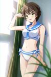  1girl ahoge arm_up bare_shoulders bikini blue_neckerchief blue_sailor_collar blurry blurry_foreground blush braid breasts brown_hair cleavage collarbone cowboy_shot dot_nose green_curtains green_eyes hair_between_eyes highres idolmaster idolmaster_million_live! idolmaster_million_live!_theater_days indoors large_breasts light_brown_hair looking_at_viewer navel neckerchief open_mouth plant potted_plant rocktaso_co_ltd sailor_bikini sailor_collar sailor_swimsuit_(idolmaster) sakuramori_kaori shadow short_hair side-tie_bikini_bottom smile solo standing sunlight swimsuit white_bikini window 