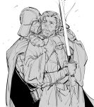  2boys aesjmhi5 beard cape darth_vader energy_sword facial_hair grey_background helmet highres hug hug_from_behind lightsaber mole mole_under_eye multiple_boys obi-wan_kenobi obi-wan_kenobi_(disney+) simple_background star_wars sword weapon yaoi 