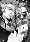  2boys ace_of_hearts adjusting_eyewear alternate_facial_hair bara beard bow bowtie eugen_(granblue_fantasy) eyepatch facial_hair formal goatee granblue_fantasy greyscale hair_slicked_back hawaiian_shirt heart karipaku looking_at_viewer male_focus mature_male medium_hair monochrome multicolored_hair multiple_boys mustache old old_man pectoral_cleavage pectorals ponytail shirt smile sparkle streaked_hair suit sunglasses thick_eyebrows upper_body wrinkled_skin yngwie 