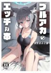  1girl animal_ear_fluff animal_ears blue_archive blue_eyes breasts bright_pupils cleavage cover cover_page doujin_cover grey_hair hair_ornament hairclip halo highres medium_breasts one-piece_swimsuit ponytail pretty_mundane shiroko_(blue_archive) shiroko_(swimsuit)_(blue_archive) sitting swimsuit wariza white_pupils 