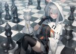  1girl absurdres animal_ears arknights black_gloves board_game breasts chess chess_piece chessboard coat frostnova_(arknights) gloves grey_eyes grey_hair hair_ornament hair_over_one_eye hairclip highres jacket long_hair looking_at_viewer rabbit_ears rabbit_girl scar scar_on_face scar_on_nose shirt smile solo welt_(kinsei_koutenkyoku) white_coat white_hair 