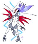  3_fingers 3_toes after_transformation alternate_species anthro avian bird blush breasts feet female fingers generation_2_pokemon genitals gym_leader hair horn ivanks looking_at_hand nintendo nipples nude open_mouth pokemon pokemon_(species) purple_hair pussy red_eyes simple_background skarmory solo standing tail talons toes tongue white_background white_body wings winona_(pokemon) yellow_sclera 