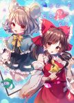  2girls animal_ears ascot bare_shoulders black_dress blue_capelet blush brown_eyes brown_hair capelet day detached_sleeves dress frilled_dress frills grey_hair hair_tubes hakurei_reimu highres japanese_clothes jewelry long_hair long_sleeves moshihimechan mouse_ears multiple_girls nazrin nontraditional_miko open_mouth pendant red_eyes red_skirt ribbon-trimmed_sleeves ribbon_trim short_hair sidelocks skirt smile touhou ufo white_sleeves wide_sleeves yellow_ascot 