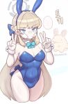  ... 1girl animal_ears aqua_bow bandaid bandaid_on_face blonde_hair blue_archive blue_bow blue_eyes blue_hairband blue_leotard bow breasts bruise bruise_on_face cleavage detached_collar domaguri double_v fake_animal_ears fake_tail grey_halo hair_bow hairband halo hands_up highleg highleg_leotard highres injury leotard long_hair medium_breasts official_alternate_costume playboy_bunny rabbit_ears rabbit_tail solo strapless strapless_leotard tail toki_(blue_archive) toki_(bunny)_(blue_archive) v white_wrist_cuffs wrist_cuffs 