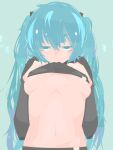  1girl absurdres aqua_background aqua_eyes aqua_hair belly black_sleeves breasts clothes_lift glaring grey_shirt half-closed_eyes hara_id_21 hatsune_miku highres long_hair looking_at_viewer mouth_hold navel shirt shirt_lift twintails underboob upper_body vector_art very_long_hair vocaloid 