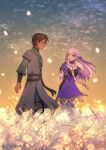  1boy 1girl brown_hair couple cyril_(fire_emblem) dark-skinned_male dark_skin dfhnokenbutu fire_emblem fire_emblem:_three_houses grass hetero highres looking_at_another lysithea_von_ordelia smile tall_grass white_hair 