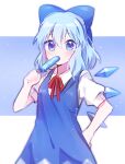  1girl blue_background blue_bow blue_dress blue_eyes blue_hair blush bow cirno collared_shirt cowboy_shot detached_wings dress food hair_between_eyes hair_bow hand_on_own_hip ice ice_wings looking_at_viewer neck_ribbon one-hour_drawing_challenge pink_headwear popsicle puffy_short_sleeves puffy_sleeves red_ribbon ribbon shirt short_sleeves simple_background solo soooooook2 touhou white_background white_shirt wings 