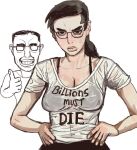  1boy 1girl black_eyes black_hair bra_strap breasts chudjak cleavage glasses hands_on_own_hips highres medium_breasts meme mossacannibalis original shirt sweatdrop the_west_has_fallen_(meme) thumbs_up white_background white_shirt 