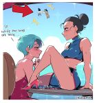  2boys 2girls aqua_hair black_eyes black_hair blue_eyes blue_hair blush breasts bulma cheating_(relationship) chi-chi_(dragon_ball) chinese_clothes dragon_ball dragon_ball_super dragon_ball_z english_text fighting flirting high_heels highres long_hair looking_at_another medium_breasts multiple_boys multiple_girls muscular muscular_female muscular_male open_mouth puffphox shirt short_hair sitting sitting_on_table smile son_goku spiked_hair spread_legs toned topless_male vegeta yuri 