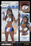  absurd_res big_breasts blue_eyes blush breasts clothed clothing dark_body dark_skin eeveelution english_text female generation_1_pokemon gym_leader hi_res human lordburqan mammal nessa_(pokemon) nintendo nipples pokemon pokemon_(species) solo text transformation transformation_sequence vaporeon 