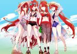  4girls 71pen absurdres adrestia_(elsword) alternate_costume bikini black_shorts bloody_queen_(elsword) blue_shorts breasts cleavage closed_mouth commentary_request elesis_(elsword) elsword empire_sword_(elsword) expressionless eyewear_on_head flame_lord_(elsword) hair_between_eyes hair_over_one_eye hat highres jacket long_hair looking_at_viewer medium_breasts multicolored_hair multiple_girls multiple_persona off_shoulder one_eye_covered open_clothes open_jacket open_mouth red_bikini red_eyes red_hair sandals see-through short_shorts shorts smile straw_hat streaked_hair sun_hat sunglasses swimsuit very_long_hair white_hair white_jacket yellow_eyes 