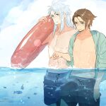  2boys black_male_swimwear blue_eyes blue_male_swimwear blue_sky blue_swim_trunks brown_hair cloud cloudy_sky day dissidia_final_fantasy final_fantasy final_fantasy_i final_fantasy_viii fish green_jacket highres holding holding_innertube in_water innertube jacket light_smile long_hair male_focus male_swimwear multiple_boys navel nini_tw99 ocean open_clothes open_jacket open_mouth outdoors pointing pointing_down purple_eyes scar scar_on_face scar_on_forehead short_hair sky smile squall_leonhart standing summer swim_trunks topless_male warrior_of_light_(ff1) wet wet_clothes wet_hair white_hair 