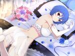  1girl amane_(senran_kagura) arm_ribbon ass bed bed_sheet blue_flower blue_hair blue_rose blush bouquet bra breasts bridal_legwear bridal_lingerie bride butt_crack candle chinese_knot come_hither elbow_gloves feet fire flame floral_print flower frilled_bra frilled_gloves frilled_pillow frills garter_straps gloves headpiece highres indoors lace_trim large_breasts leaf lens_flare light_particles lingerie looking_at_viewer lying median_furrow nightstand official_alternate_costume official_art on_bed on_stomach panties petals pillow pink_flower pink_ribbon pink_rose purple_flower purple_rose red_eyes red_flower red_rose ribbon rose rose_petals senran_kagura senran_kagura_new_link shiny_skin short_hair shoulder_blades sideboob skindentation smile solo sparkle thigh_strap thighhighs tiara underwear white_bra white_flower white_garter_straps white_gloves white_panties white_rose white_thighhighs yaegashi_nan 